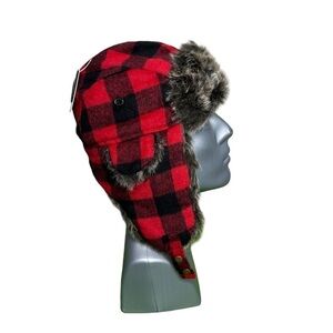 Sonoma Buffalo Plaid Trapper Hat Red Black Faux Fur Ear Flaps OS